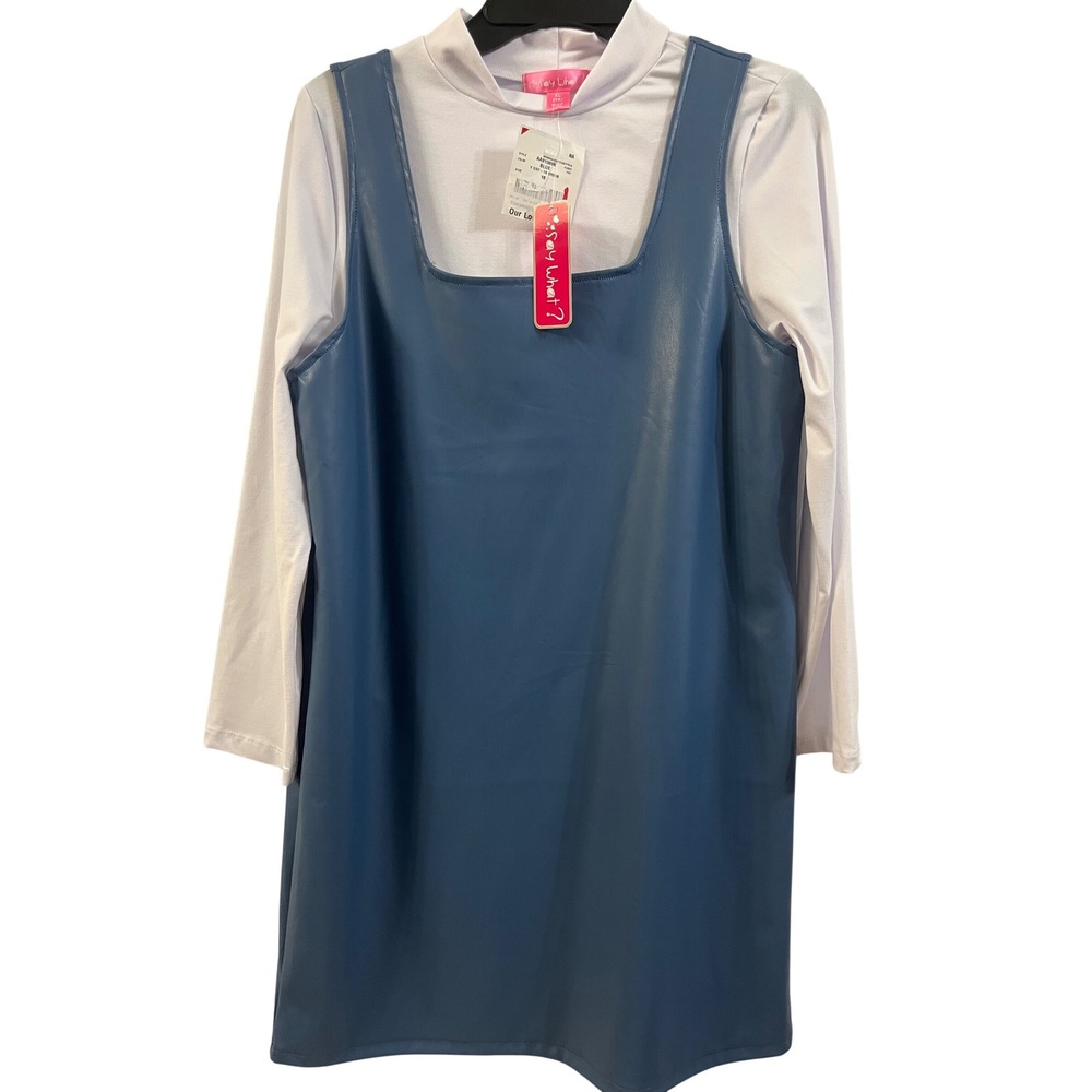 Say What? Girls Blue Faux Leather Pinafore Dress and White Mock Neck Top Set 16